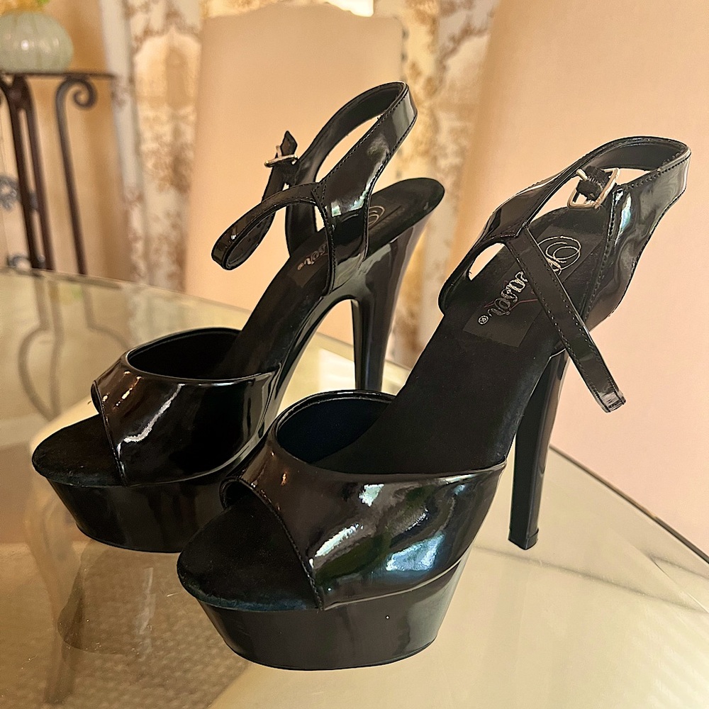Pleaser platform patent leather heels ankle straps, new w/o box